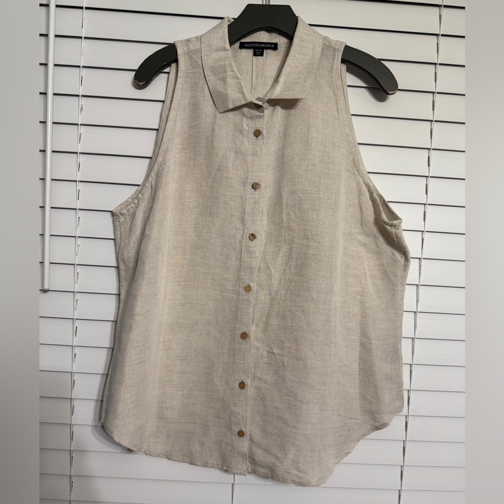 Boston Proper Linen Viscose Sleeveless Button Shirt XL Tan Neutral Summer Top